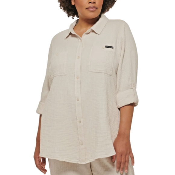 Calvin Klein Jeans Tops - Calvin Klein Jeans Women's Plus Size Button Up Shirt Cotton Shirt Beige 2X
